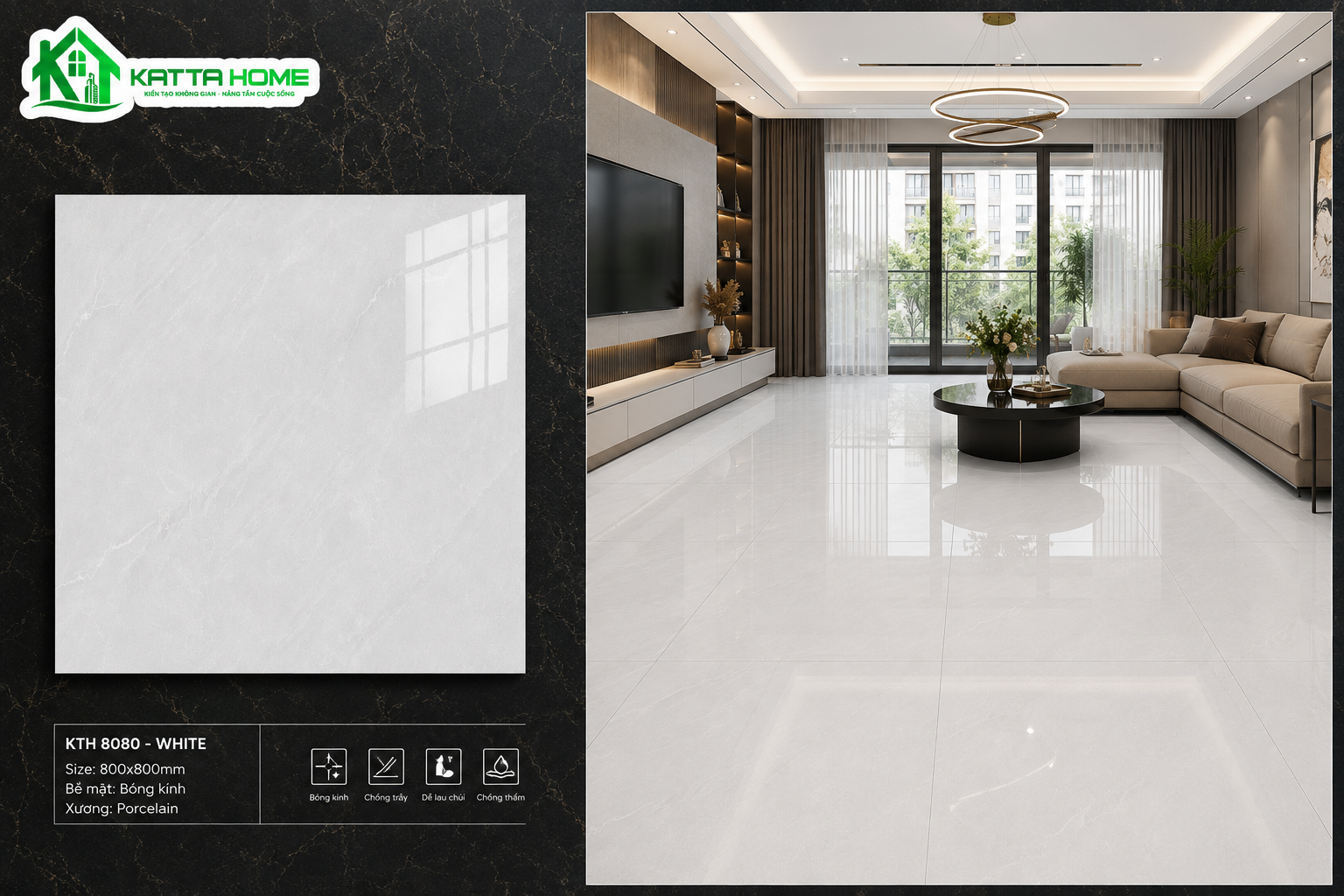 Gạch lát nền phòng khách 80x80 bóng kính